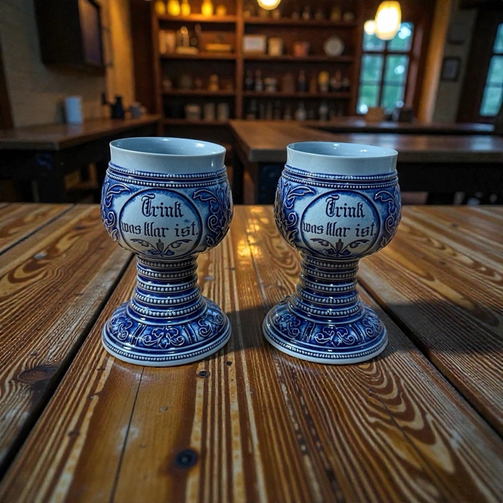 Vintage German Ceramic Wine Beer Cups Set- Plein Weinkrug und Weinbecher 1900